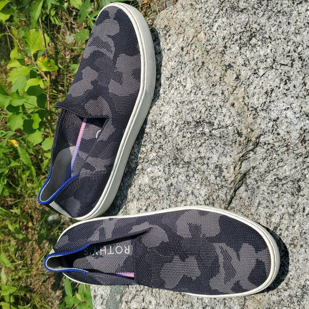 Rothy's Black and Blue Sneakers with Modern Camo Design Size 7
